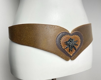 Vintage Leather Trachten Belt, Heart & Edelweiss Panel, German Dirndl Accessory (Size 80/85)