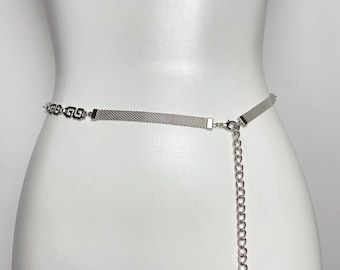 Silver Color Chain Belt – Greek Key & Mesh Metal Waist Belt