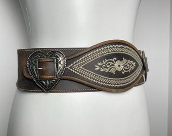 Vintage Max Töpfer Leather Trachten Belt, Floral Embroidery, Heart Buckles (Size 75)