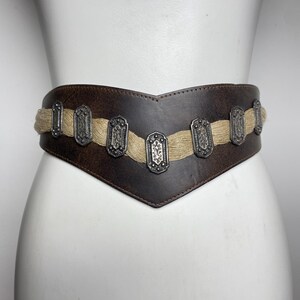 Vintage Leather Waist Belt - Brown Folk Trachten Belt - Braided Detail Ornate Metal Accents image 3