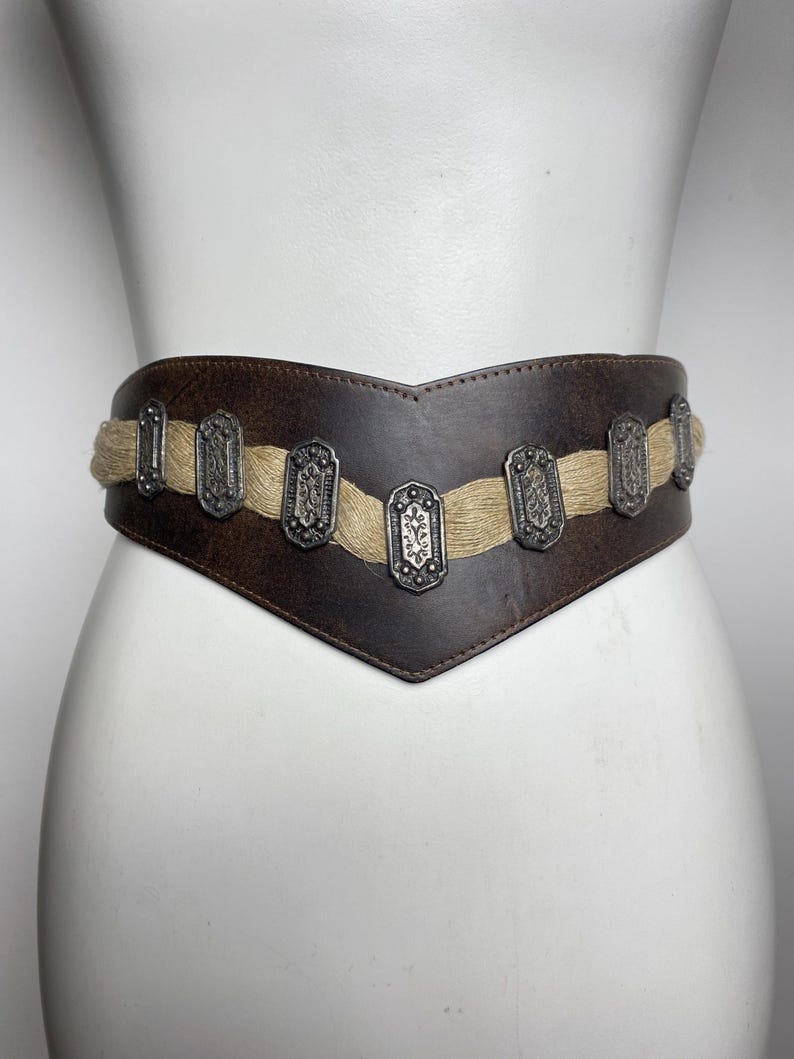 Vintage Leather Waist Belt - Brown Folk Trachten Belt - Braided Detail Ornate Metal Accents image 3