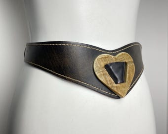 Vintage Leather Trachten Belt with Heart Panel, German Alpine Folk Waist Belt (Size 70)
