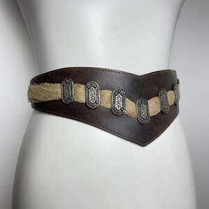 Vintage Leather Waist Belt - Brown Folk Trachten Belt - Braided Detail Ornate Metal Accents image 2