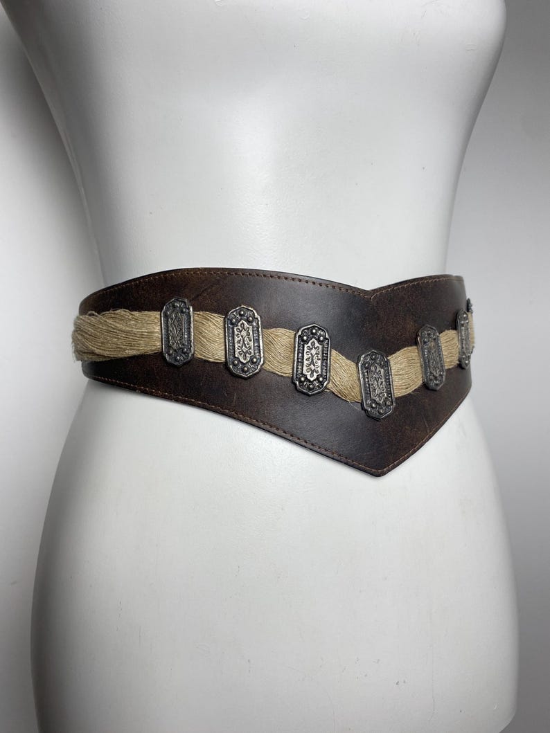 Vintage Leather Waist Belt - Brown Folk Trachten Belt - Braided Detail Ornate Metal Accents image 2