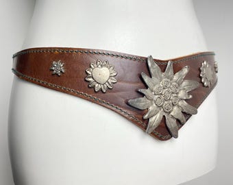 Vintage Brown Leather Trachten Belt, Large Edelweiss Flower, German Dirndl Waist Belt (Size 80)