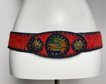 Vintage Red Suede Trachten Belt, Crochet Trim, Stag Medallion, German Folk Waist Belt (Size 90cm)