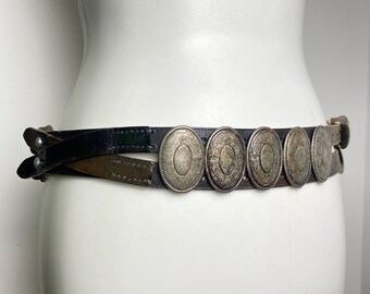 Vintage Leather Belt – Double Buckle, Coin Conchos, Bavarian Trachten Style (Size 85)
