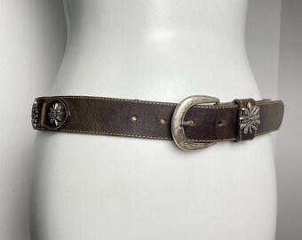 Traditional Leather Belt – Bavarian Edelweiss Detail Alpine Style Trachtengürtel (Size 85)