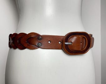 Vintage Brown Braided Leather Belt, Boho Country Style 90s