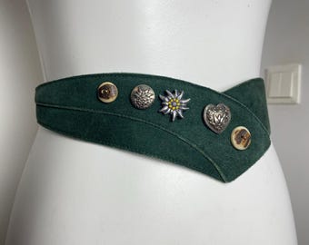 Vintage Traditional Leather Belt with Edelweiss, Hearth, Button Details