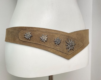 Vintage Trachten Belt, Tan Suede Belt with Edelweiss Flowers, German Alpine Dirndl Waist Belt (Size 90)