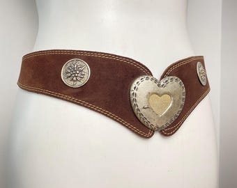 Götz Vintage Trachten Belt, Brown Suede Belt with Heart and Edelweiss Conchos (Size 75)