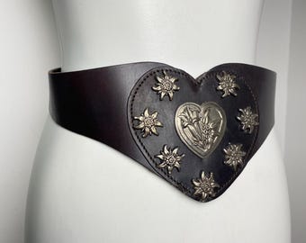Bavarian Leather Trachten Belt, Heart Panel, Edelweiss Studs (Size 70)