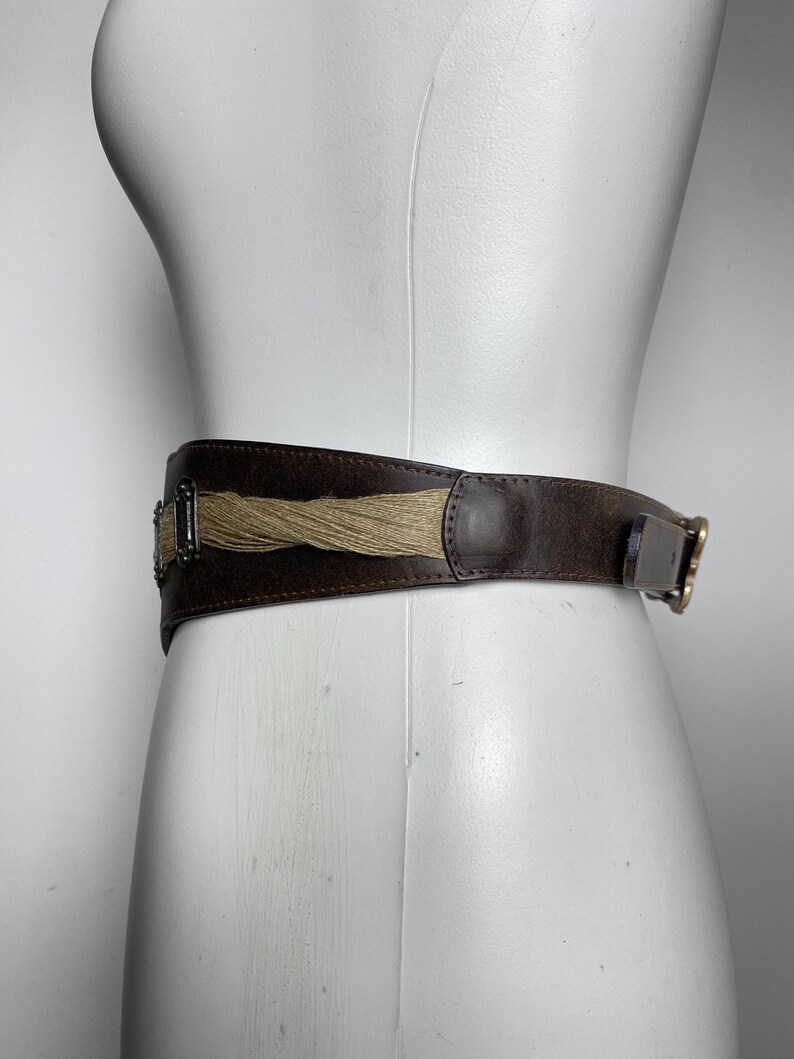 Vintage Leather Waist Belt - Brown Folk Trachten Belt - Braided Detail Ornate Metal Accents image 5