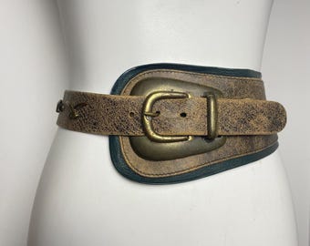 Asymmetrical Wide Belt, Traditional Leather Belt with Studs (Size 70)