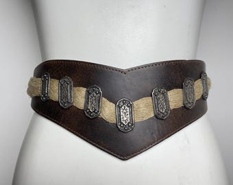 Vintage Brown Leather Trachten Belt – Braided Detail, Ornate Metal Accents (Size 75)