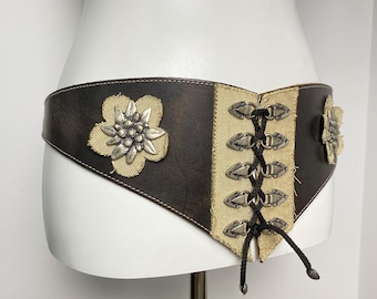 Vintage Leather Trachten Belt, Edelweiss Studs, Oktoberfest Lace-Up Corset Style (Size 90)