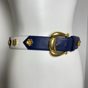 ESCADA Women’s Vintage Navy Blue Silver Buckle Belt Size 2 ESCADA Belt Size 8 38 Blue Logo Gold Metal Bows Vintage  main image 2