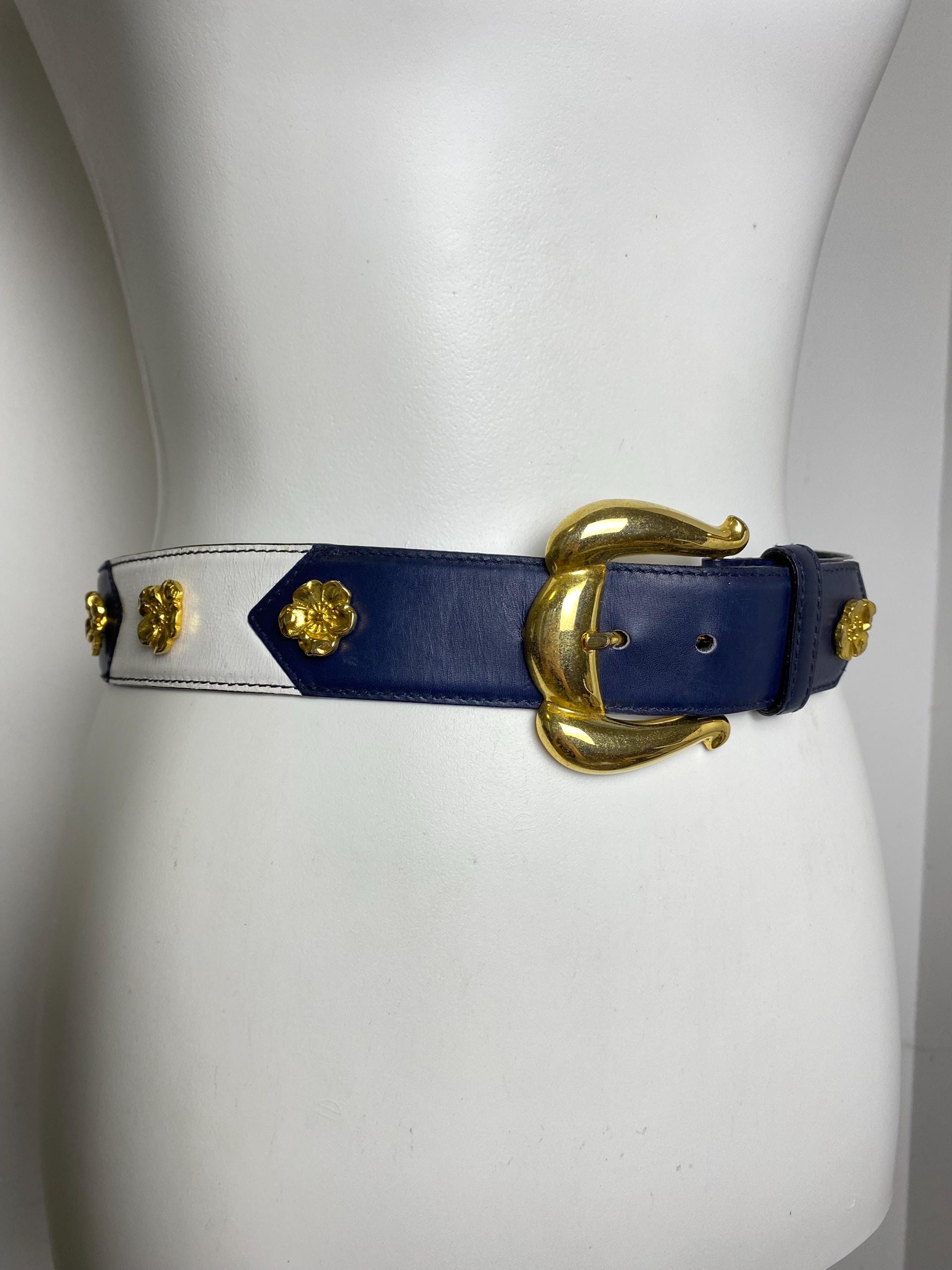 Vintage Escada Leather Belt – Navy & White, Gold Flower  display picture 1