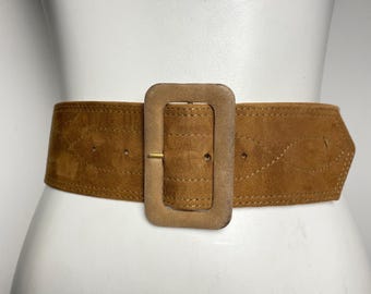 Vintage West Germany Suede Leather Belt Camel Wide Waist Belt Rectangle Buckle (Size 70)