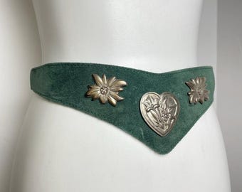 Vintage Green Suede Belt with Silver Floral and Heart Details – Alpine Boho Statement Belt
