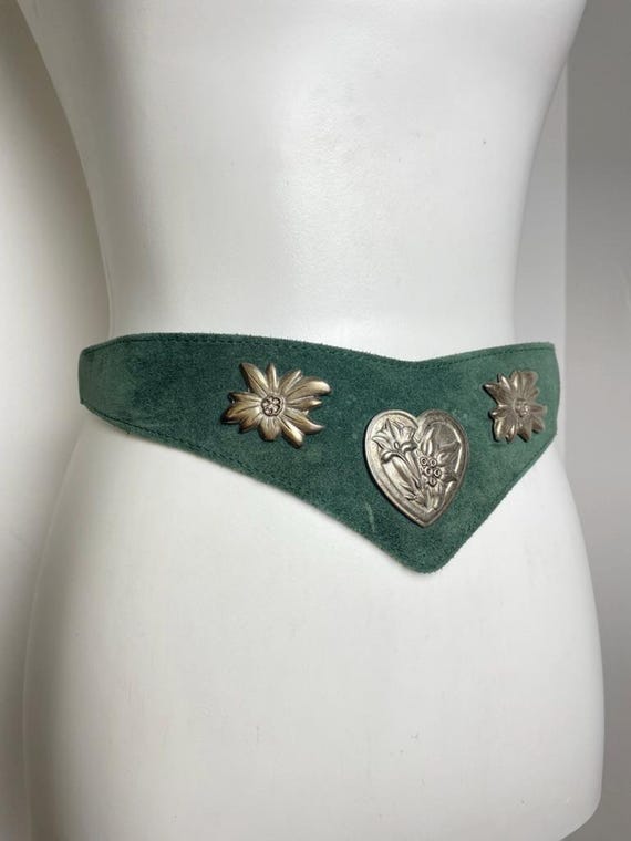 Vintage Green Suede Belt With Silver Floral and Heart  display picture 1