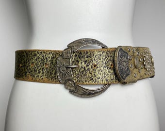 Vintage Gold Leopard Print Leather Belt with Western Buckle – Studded Statement Waist Belt (Size 75)