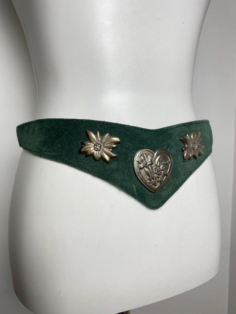 Vintage Green Suede Belt With Silver Floral and Heart  display picture 2