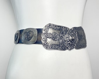 Vintage Leather Trachten Belt with Ornate Buckle and Heart Studs (Size 70)
