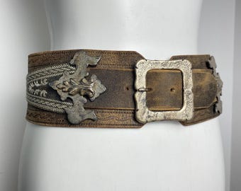 Vintage Max Töpfer Leather Trachten Belt, Ornate Metal Appliques, Embroidered Detail (Size 80)