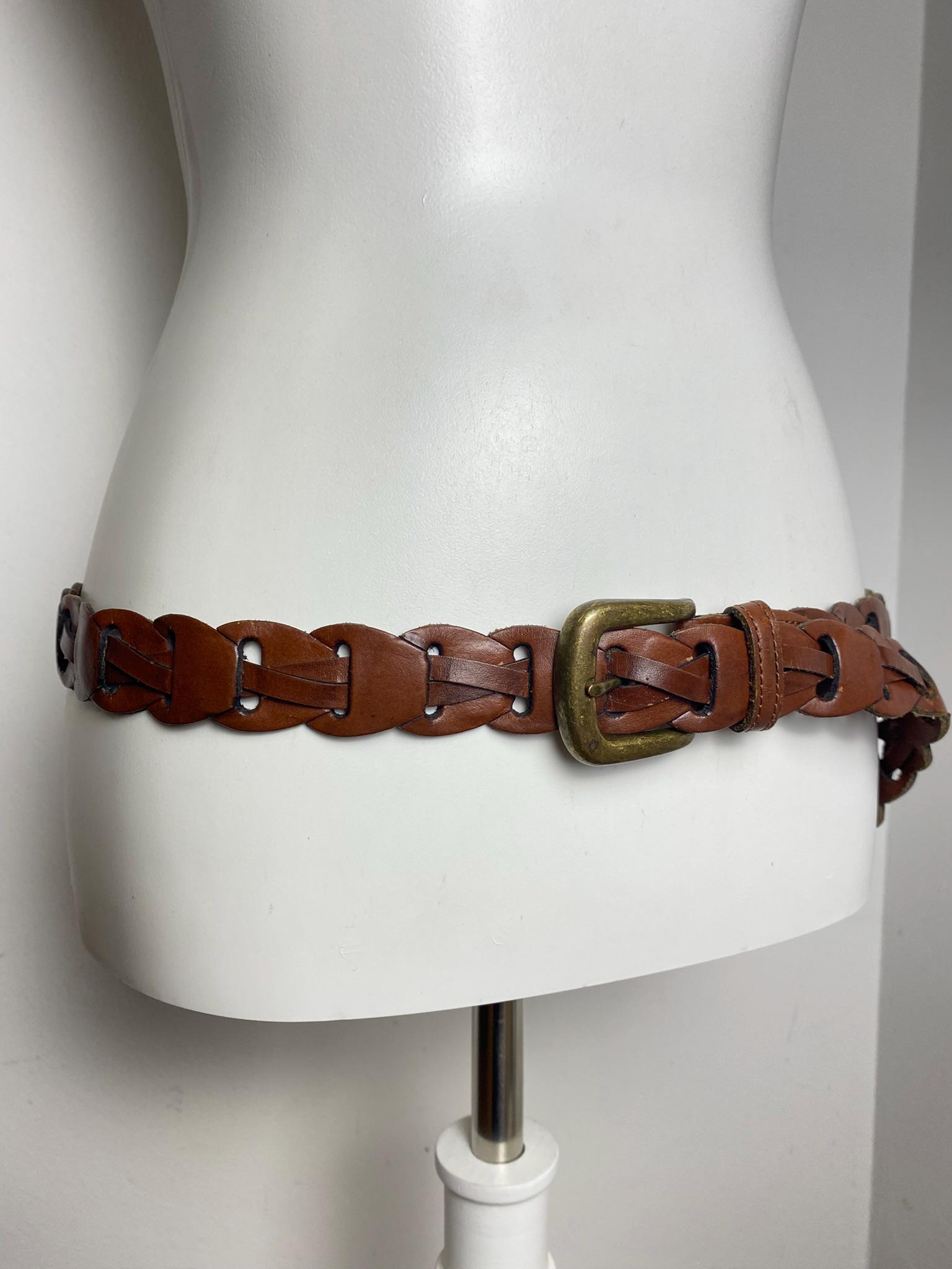 Vintage 90s BA-YO Braided Leather Belt 25 Western Boho Woven Solid Brass Buckle Vintage Chocolate Brown Braided Leather Belt With Round  main image 3