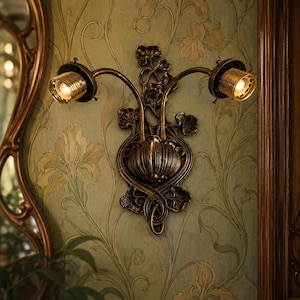 May include: A dual-arm wall sconce featuring a dark bronze finish with intricate leaf and vine detailing. The fixture has two cylindrical light sockets with exposed bulbs, extending from a central bulbous base mounted on a wall.