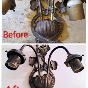May include: A two-light wall sconce featuring a dark bronze-toned metal finish with floral and leaf motifs. The fixture includes two curved arms extending from a central base shaped like a flower bud, with two threaded light bulb sockets attached.