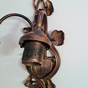 May include: A wall-mounted light fixture crafted from dark bronze-toned metal. The design features organic, leaf-like decorative elements and a central threaded socket for a light bulb. The structure includes curved arms and a textured base plate.