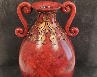 Vintage Vase Red Gold Accents Two-Handle Jug Vase - A RARE FIND