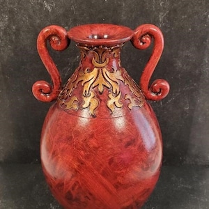 Vintage Vase Red Gold Accents Two-Handle Jug Vase - A RARE FIND