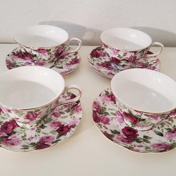 Rose Teacups and Saucers S/4 Rose Chintz Teacups and Saucers (SET OF 4 Matching) Gracie China - NEVER Used