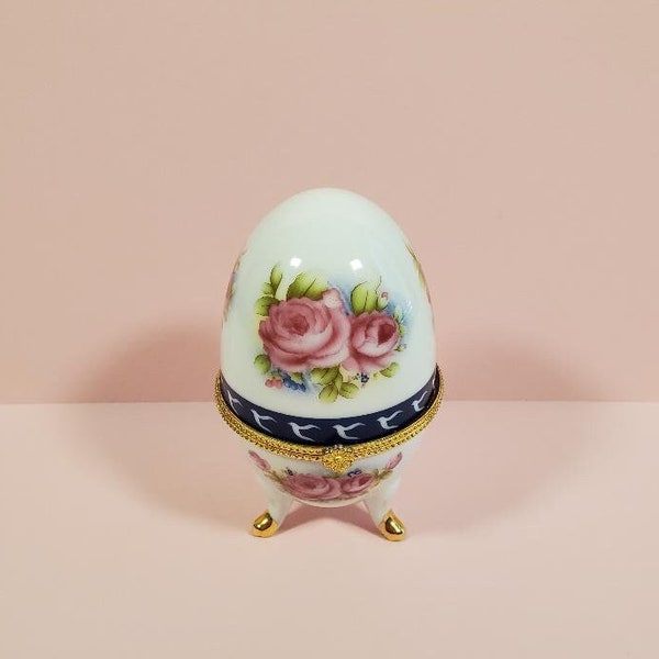 Vintage Egg Trinket Box Porcelain Faberge Footed Hinged Lid, Rose Floral Trinket Ring Dish Egg Roses Gold Gild, Porcelain Trinket Box Egg
