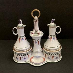 Antique Oil and Vinegar Set Hand Painted with Stand, Cruet Set with Stand Hand Painted w/Gold Accents, Oil and Vinegar Caddy Set -RARE