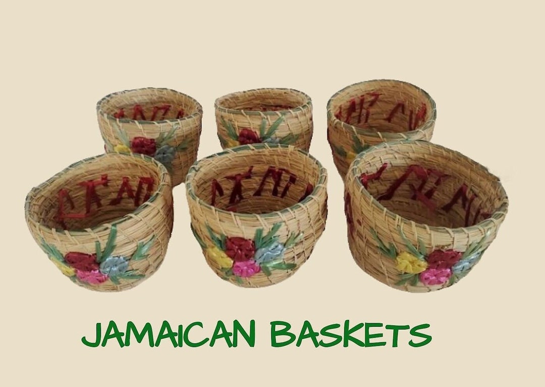 Wicker Baskets JAMAICAN BASKETS S/6 Straw Baskets Jamaican Raffia Baskets With Flowers, Trinket ...