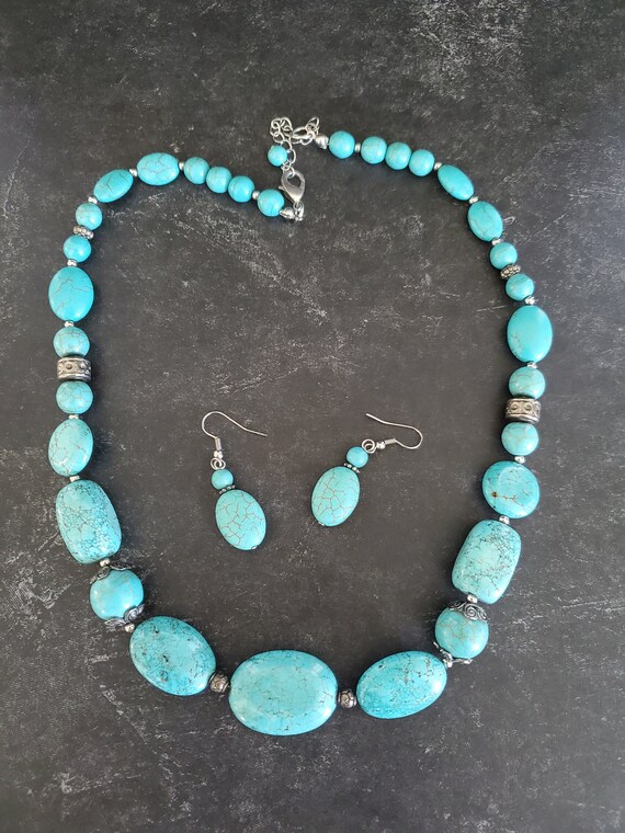 TURQUOISE Jewelry Necklace & Earring Set Vintage … - image 2