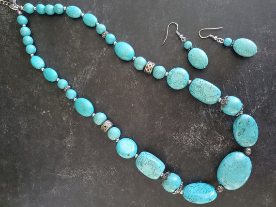 TURQUOISE Jewelry Necklace & Earring Set Vintage … - image 10