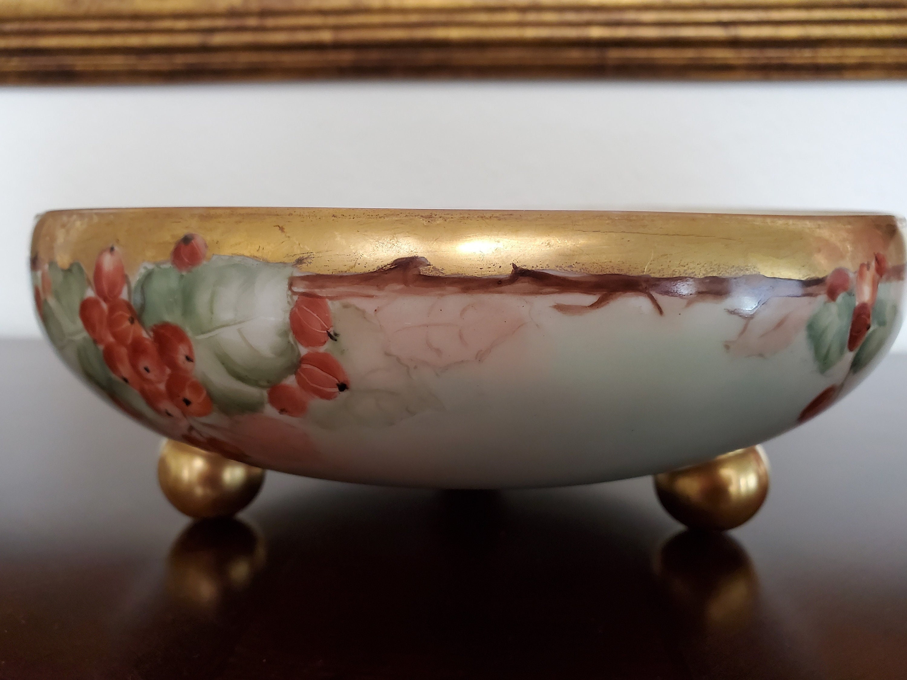 LIMOGES Bowl 1916 T&V Hand Painted French Porcelain Gold Gilded Footed Bowl Dated 1916, Limoges