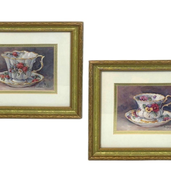 Tea Cup Framed Art, Barbara Mock Tea Cup Framed Fine Art Prints SET OF 2 - Rose Bouquet / Violets - Matted and Framed in Gold Wood Frame