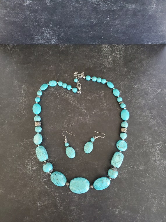 TURQUOISE Jewelry Necklace & Earring Set Vintage … - image 1