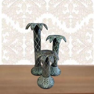 Palm Tree Candlestick Holders Set of 3 Palm Tree Green Metal Cast Iron Candle Holders Candlesticks - VERY RARE FIND
