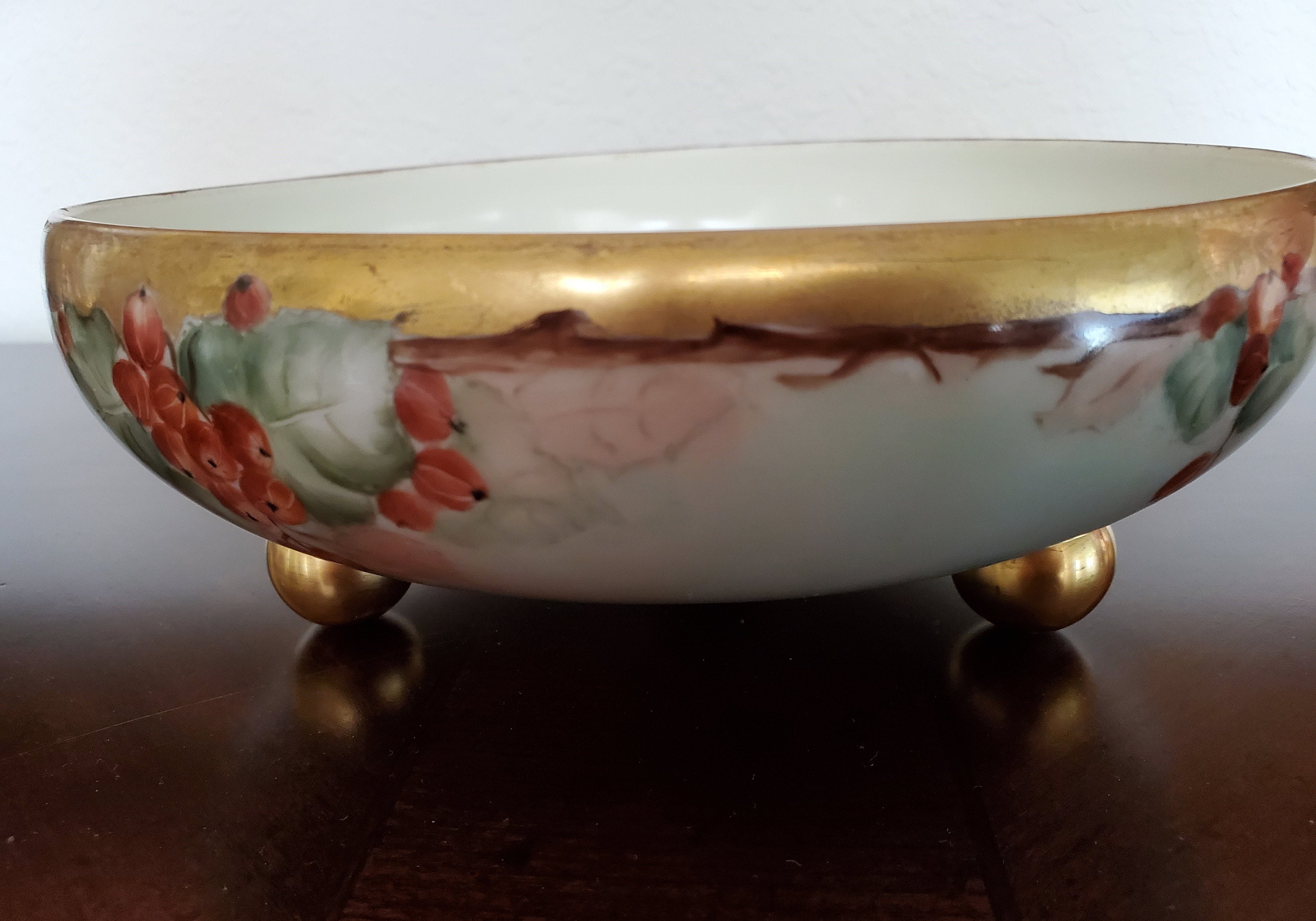 LIMOGES Bowl 1916 T&V Hand Painted French Porcelain Gold Gilded Footed Bowl Dated 1916, Limoges