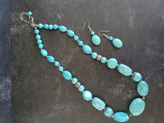 TURQUOISE Jewelry Necklace & Earring Set Vintage … - image 9
