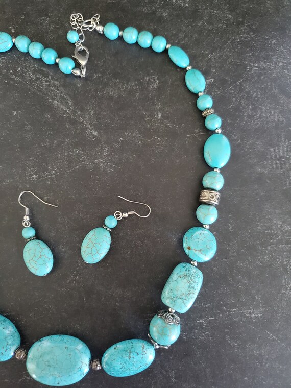 TURQUOISE Jewelry Necklace & Earring Set Vintage … - image 3