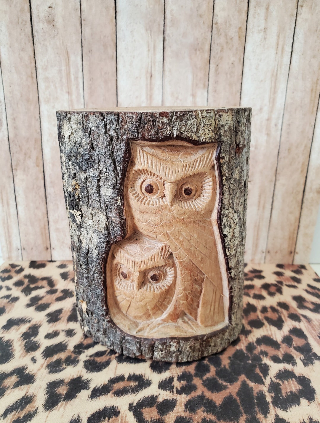 OWL FIGURINES Wooden Owls in a Tree Hand Carved, Wooden Owl Figurine Etsy